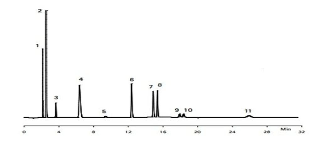 Chromsolutions - Analyzátor zemního plynu A  - 1. Air, 2. Methane, 3. Carbon dioxide, 4. Ethane, 5. Hydrogen Sulphide, 6. Propane, 7. i-Butane, 8. n-Butane, 9. i-Pentane, 10. n-Pentane.jpg