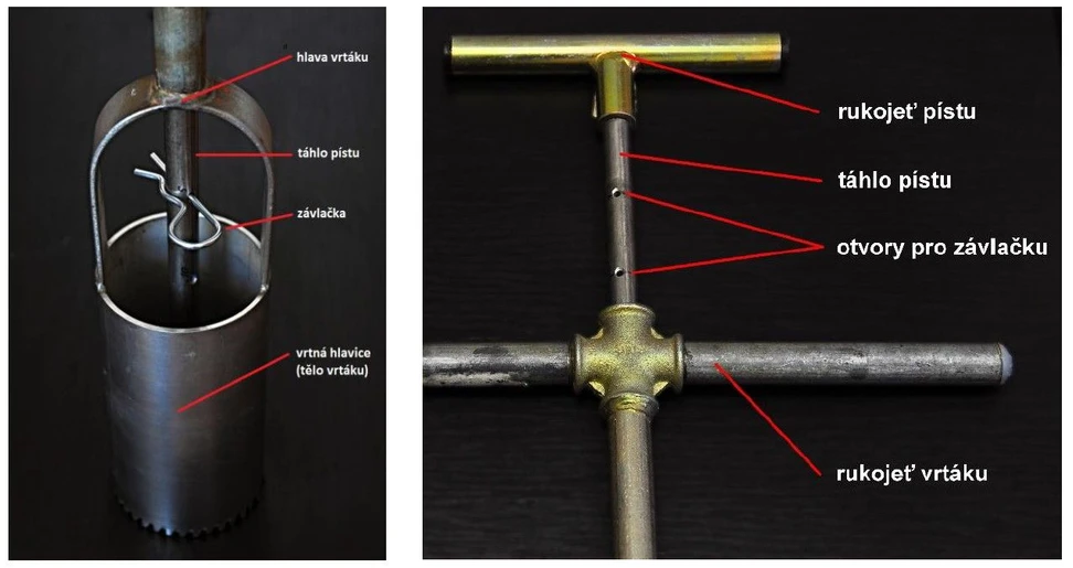 HZS ČR / Institut ochrany obyvatelstva / Michal SETNIČKA, Alena ČTVRTEČKOVÁ, René MAREK: Obrázek 10 – Upravený kořenový vrták a jeho použití v terénu s vymezovací závlačkou.