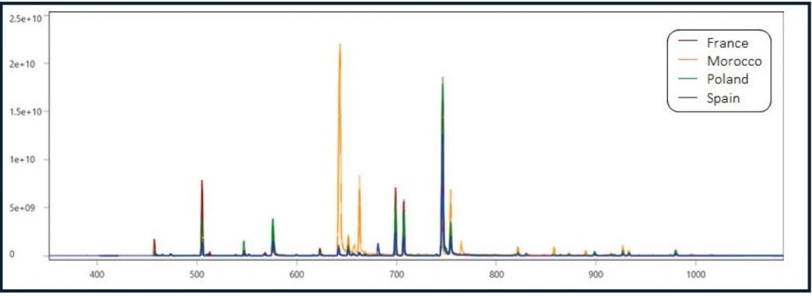 LECO: Obrázek 2. Překrytí chromatogramů v plném hmotnostním rozsahu pro čtyři odrůdy tymiánu
