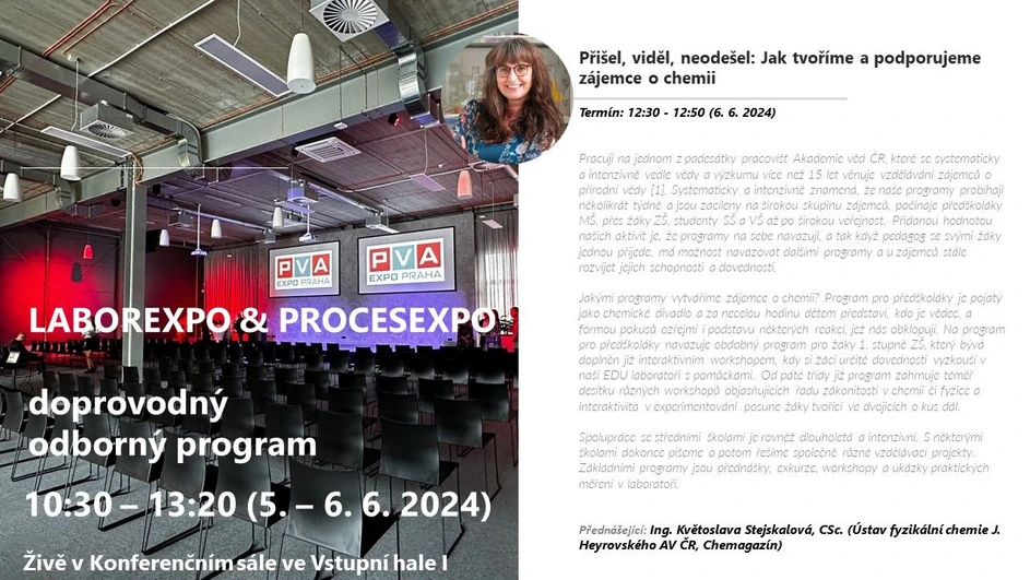 <ul>
<li><strong>Foto:</strong> LabRulez:  Přednáška LABOREXPO 2024: Přišel, viděl, neodešel: Jak tvoříme a podporujeme zájemce o chemii</li>
</ul>
