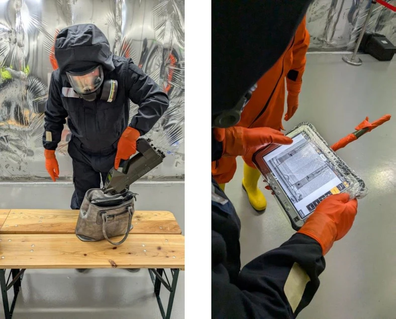 SÚJCHBO: Obrázek 5 - Průzkum nástupiště veřejné dopravy na přítomnost látek CWA (vlevo) a hodnocení skenu z mobilního RTG (vpravo) v rámci cvičení Cerberos