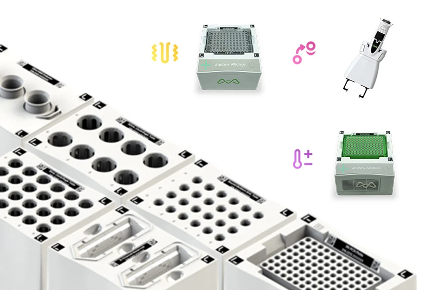 Waters: Domino bloky pipetovacího robota Andrew+ pro ohřev/chlazení, míchání, aplikace vakua nebo magnetického pole