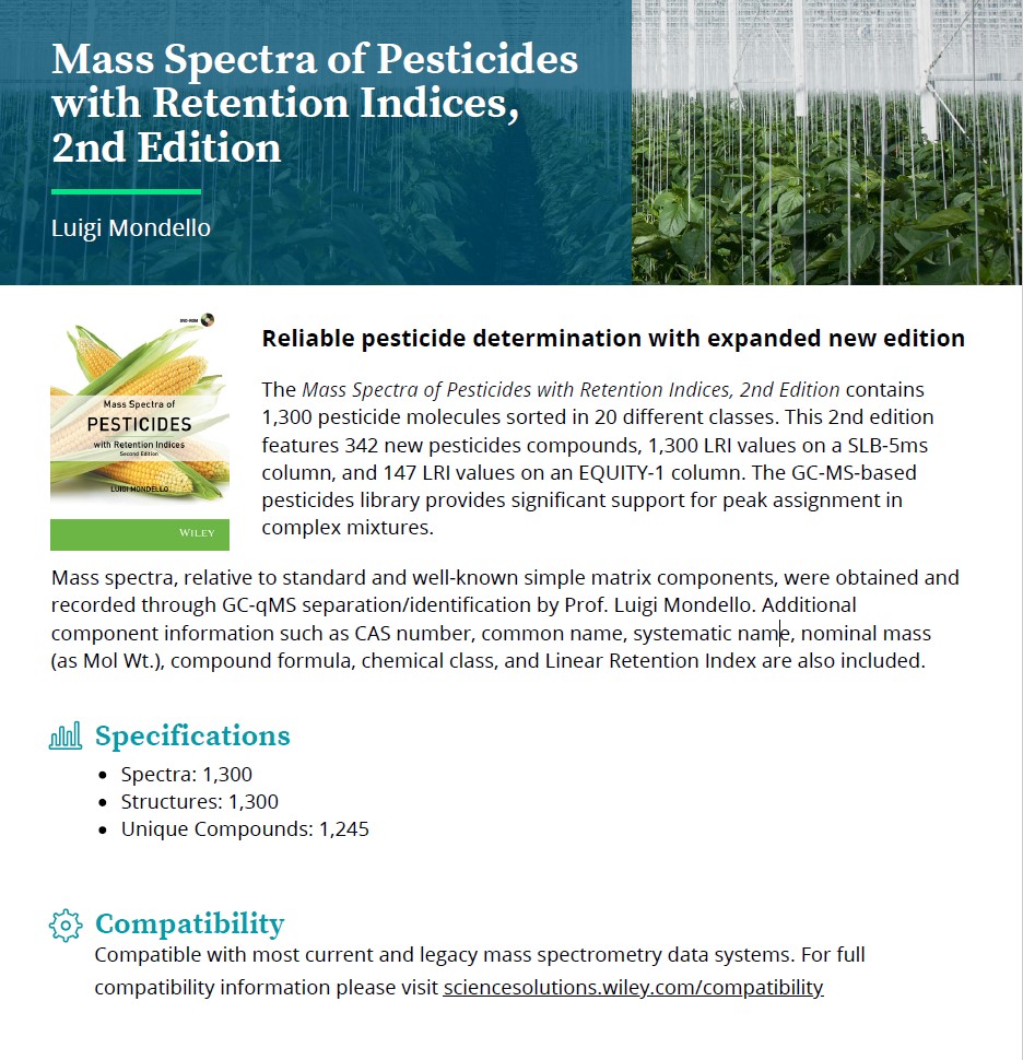 Wiley knihovna hmotnostních spekter pesticidů s LRI, 2. vydání
